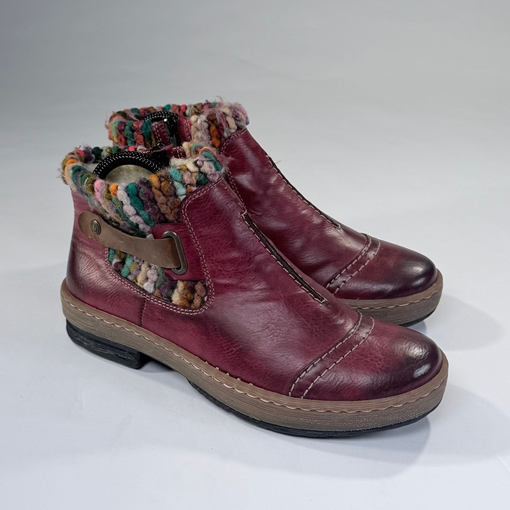 Rieker Felicitas Boot Women 38 Red Leather Knit Collar Ankle Zip Up Comfort Boho